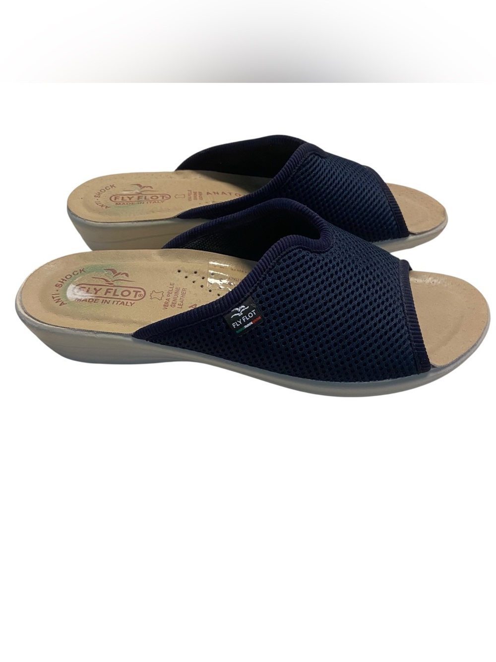 Fly Flot Shoes Womens Size 39 (8.5-9) Navy Mesh Wedge Slip On Sandals Italy